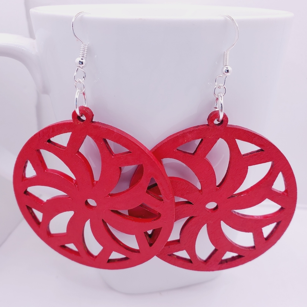 Round wooden earrings, round wooden dangle earrings 2.7 Inches